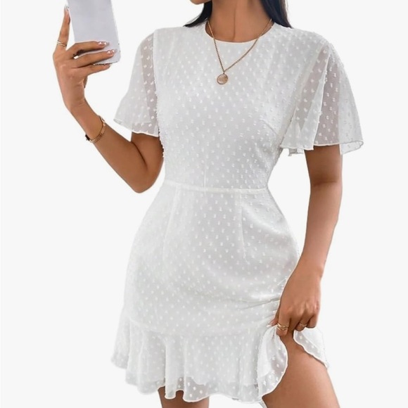 Karl Lagerfeld White Babydoll Mini Dress with Flutter Sleeves